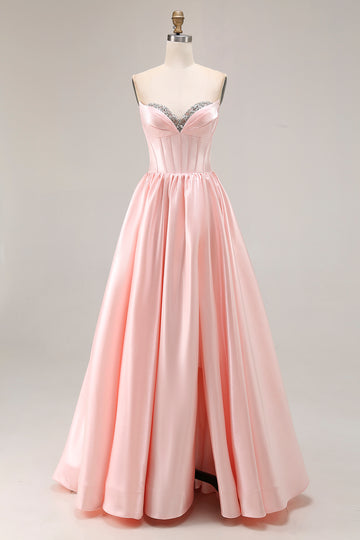 Hot Pink Strapless A Line Corset Satin Prom Dress